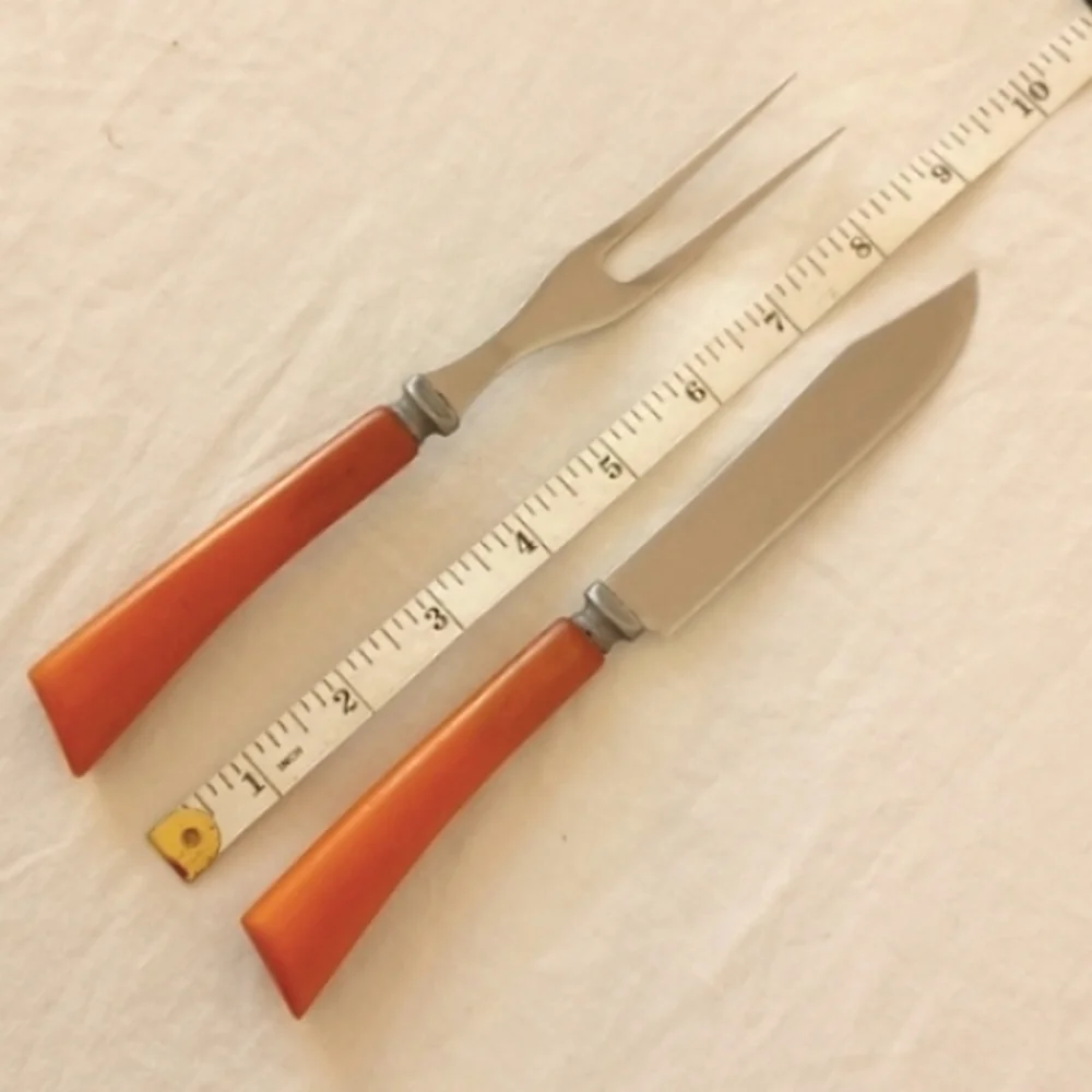 2 PIECE SET Vintage Bakelite Carving Knife & Fork Stainless Steel Butterscotch
